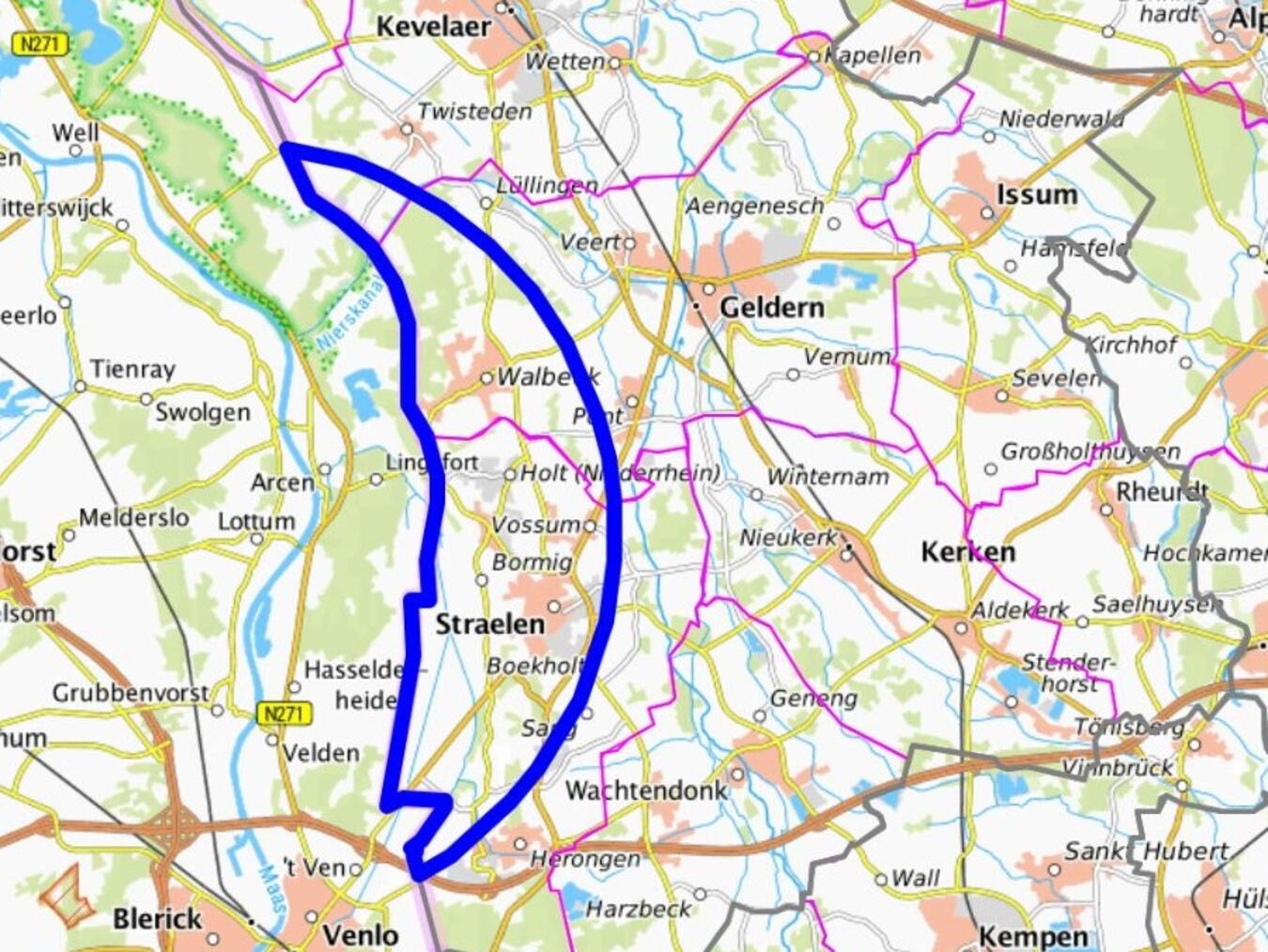 Die Überwachungszone auf dem Gebiet des Kreises Kleve für den Geflügelpestausbruch im niederländischen Lottum. Grafik: Kreis Kleve