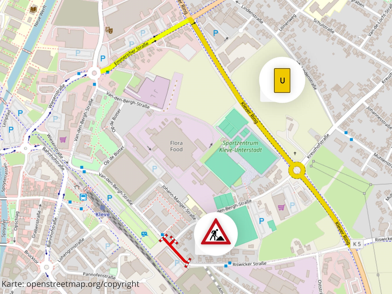 Die Umleitungsstrecke zur Sperrung auf der Riswicker Straße. Grafik: Stadt Kleve
