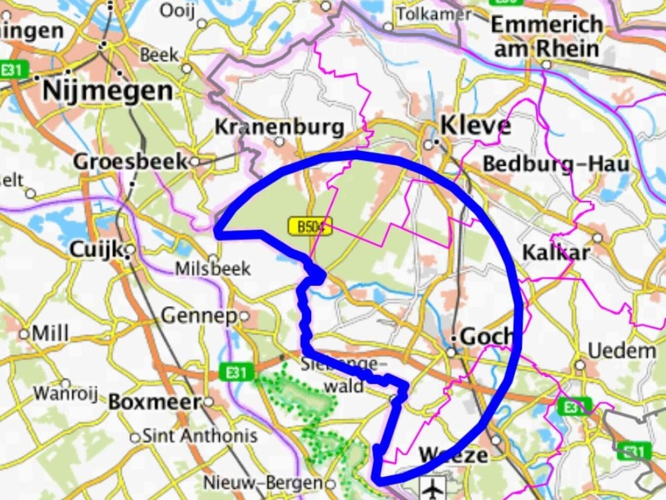 Die vorläufige Sperrzone des Geflügelpestausbruchs in Goch. Karte: Kreis Kleve