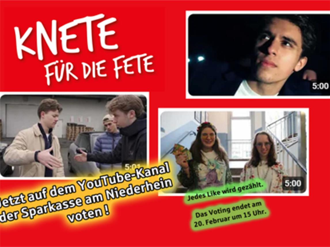Drei Videos sind im Rennen bei „Knete für die Fete“. Ab sofort sind die Filme auf dem YouTube-Kanal der Sparkasse am Niederrhein zu sehen und zu bewerten. Bis zum 20. Februar um 15 Uhr wird jedes Like gezählt, danach berät eine Fachjury. Foto: Sparkasse am Niederrhein