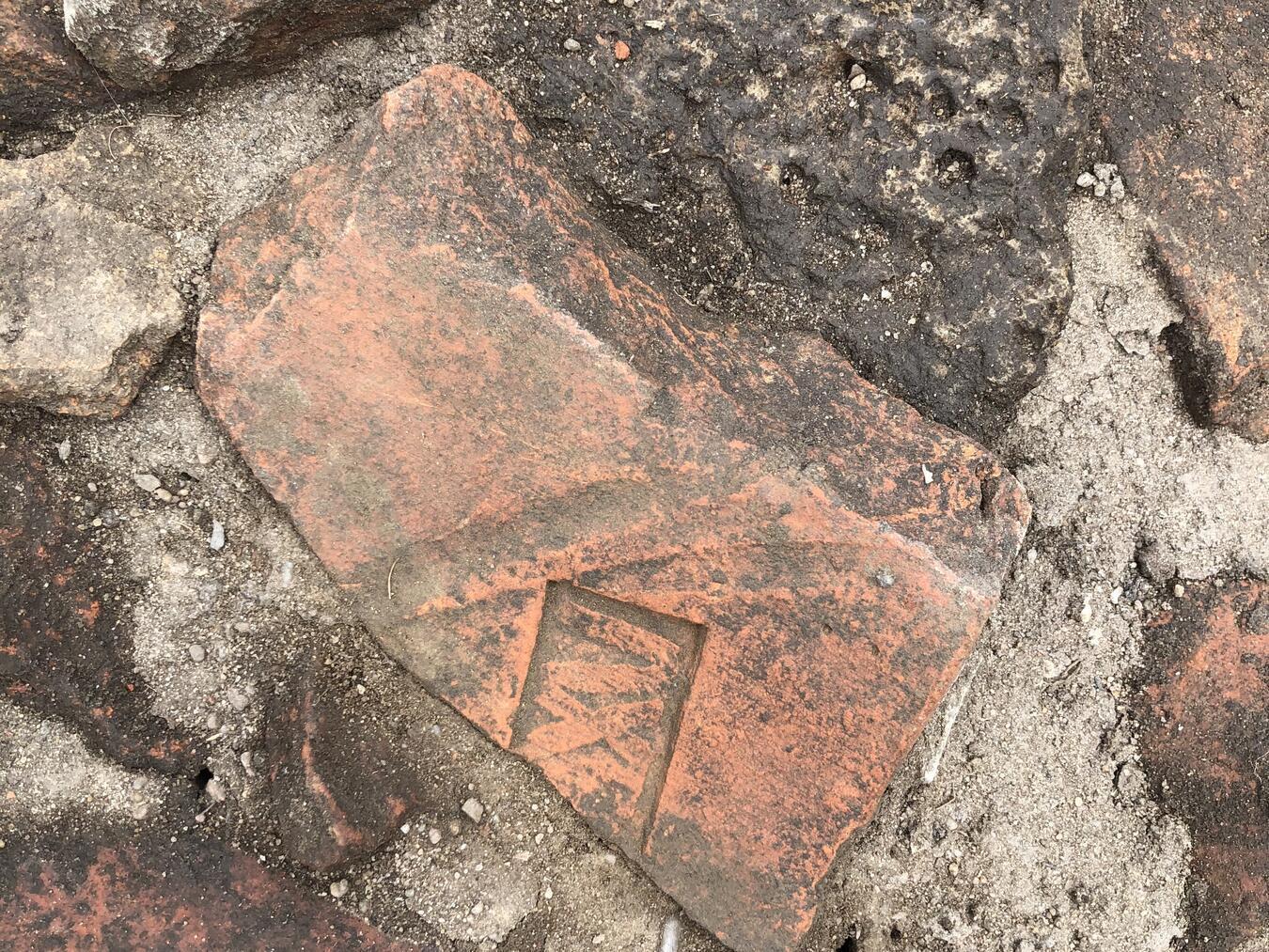 Ein römischer Dachziegel mit offensichtlicher Prägung, gefunden bei den Lehrgrabungen im APX.Foto: Clara Maier