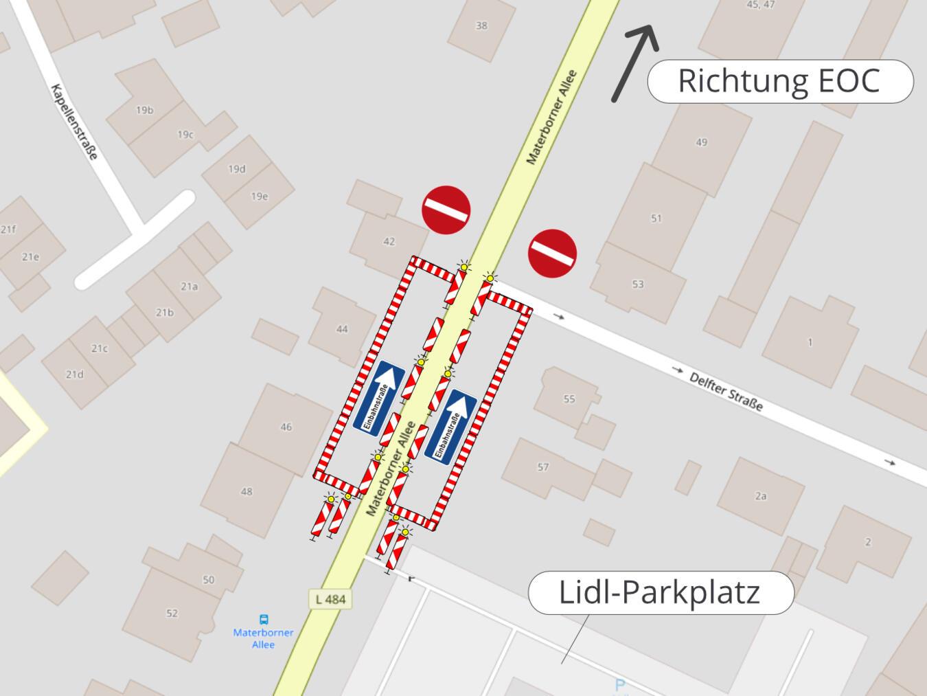 Ein Teilstück der Materborner Allee wird Einbahnstraße. Grafik: Stadt Kleve/openstreetmap.org