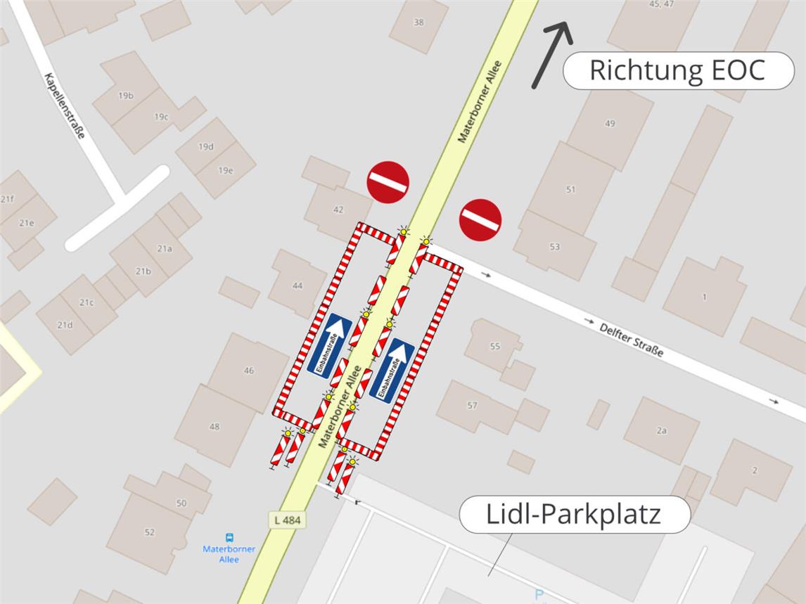Ein Teilstück der Materborner Allee wird Einbahnstraße. Grafik: Stadt Kleve/openstreetmap.org