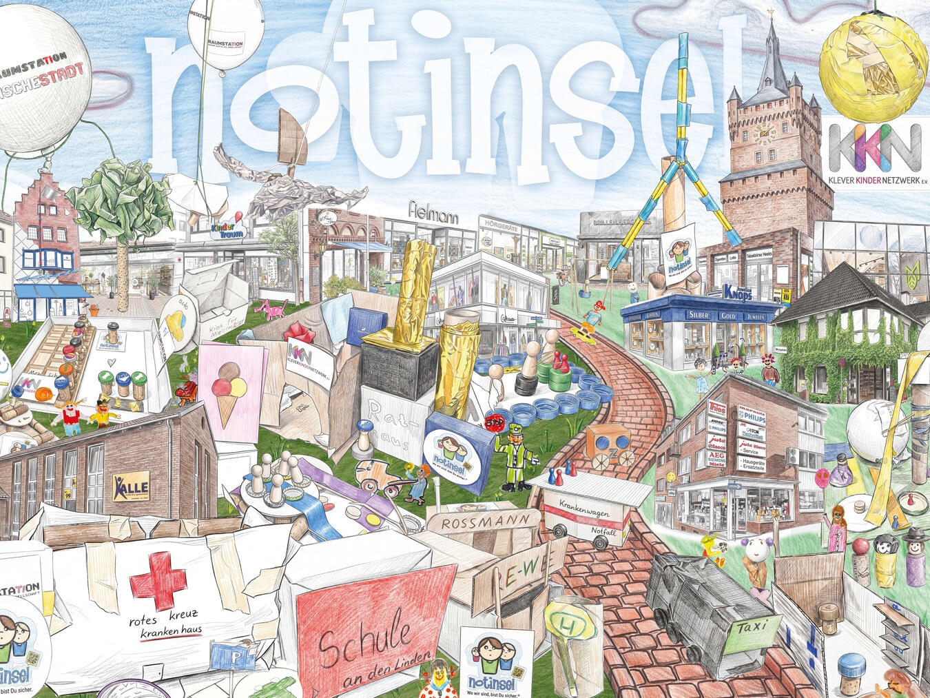"Wimmelbild der Notinseln in Kleve, farbenfrohe Grafik von KKN, zeigt sichere Orte für Kinder in der Stadt"