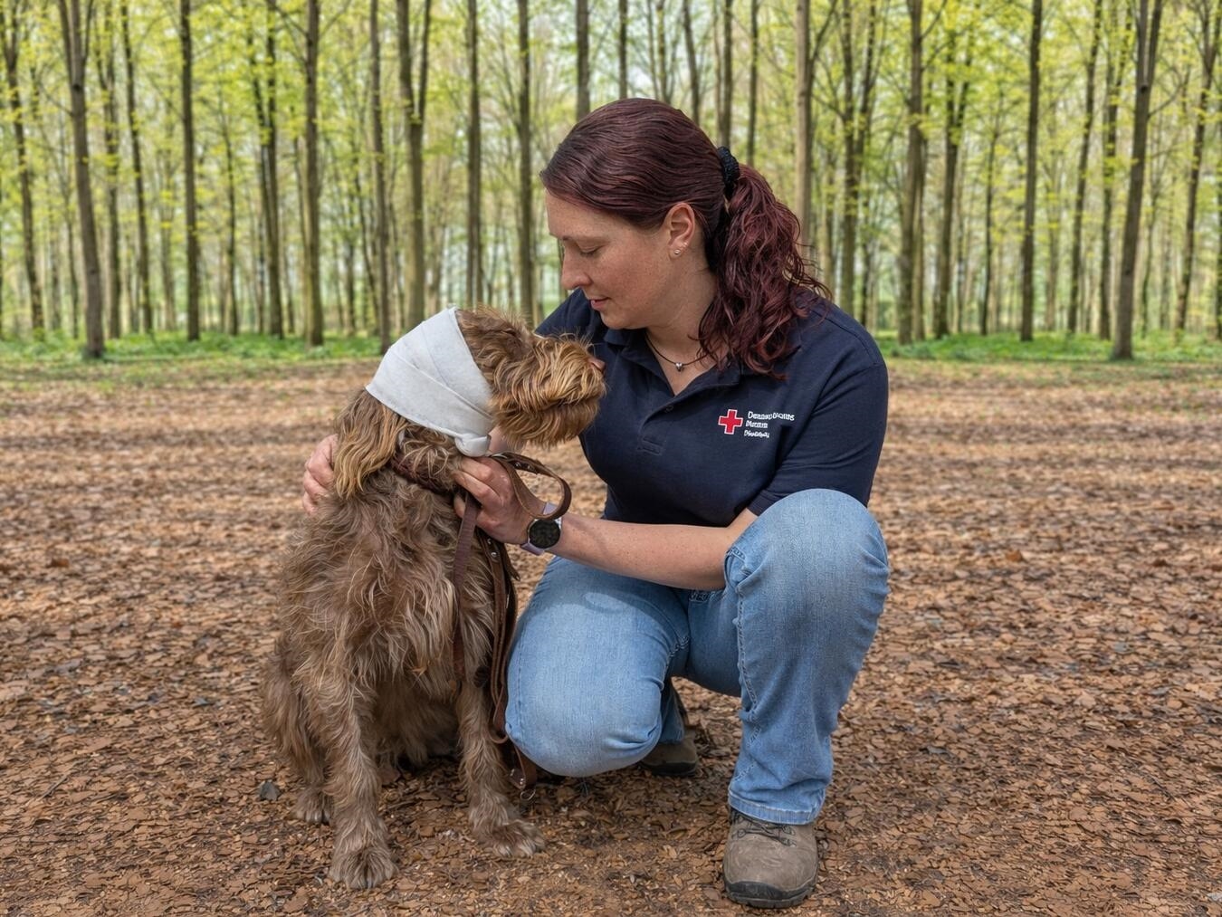 Eine erfahrene Tierarzthelferin zeigt beim DRK Niederrhein, wie ein verletzter Hund ruhig und sicher versorgt werden kann. Foto: DRK