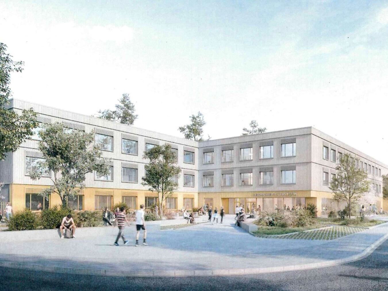 Eine Grafik des Neubaus für das Friedrich-Spee-Gymnasium in Geldern.Grafik: GBG