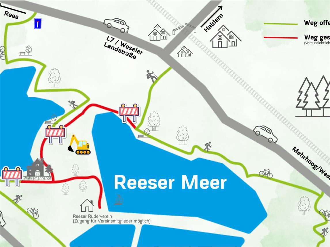 Eine Übersicht zur Sperrung des Radwegs am Reeser Meer und die alternativen Routen. Grafik: Stadt Rees