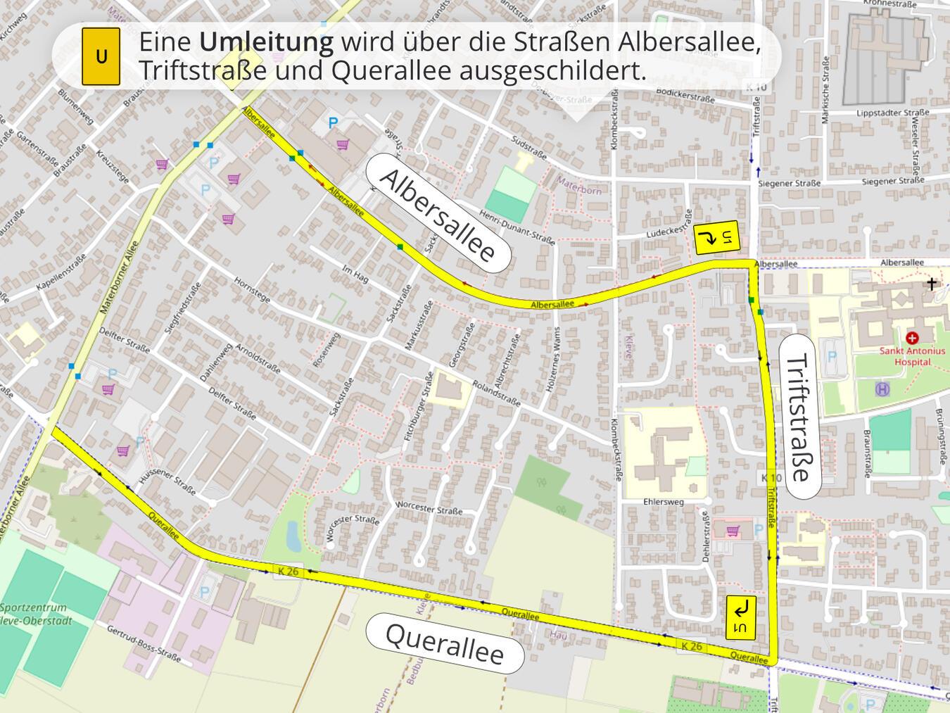 Eine Umleitung ist ausgeschildert. Grafik: Stadt Kleve/openstreetmap.org