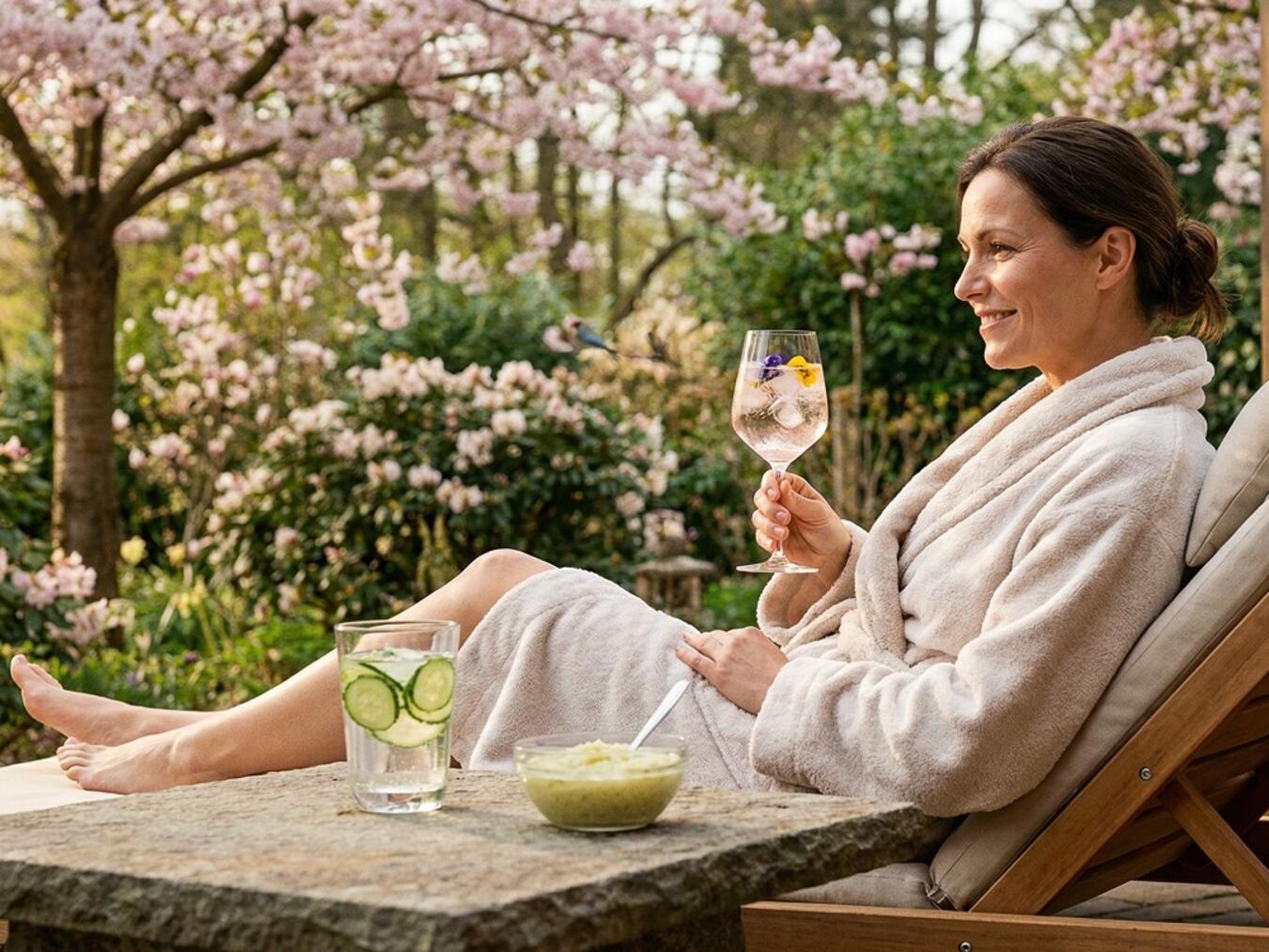 "Person entspannt in moderner Sauna während Themenwoche in Embricana"