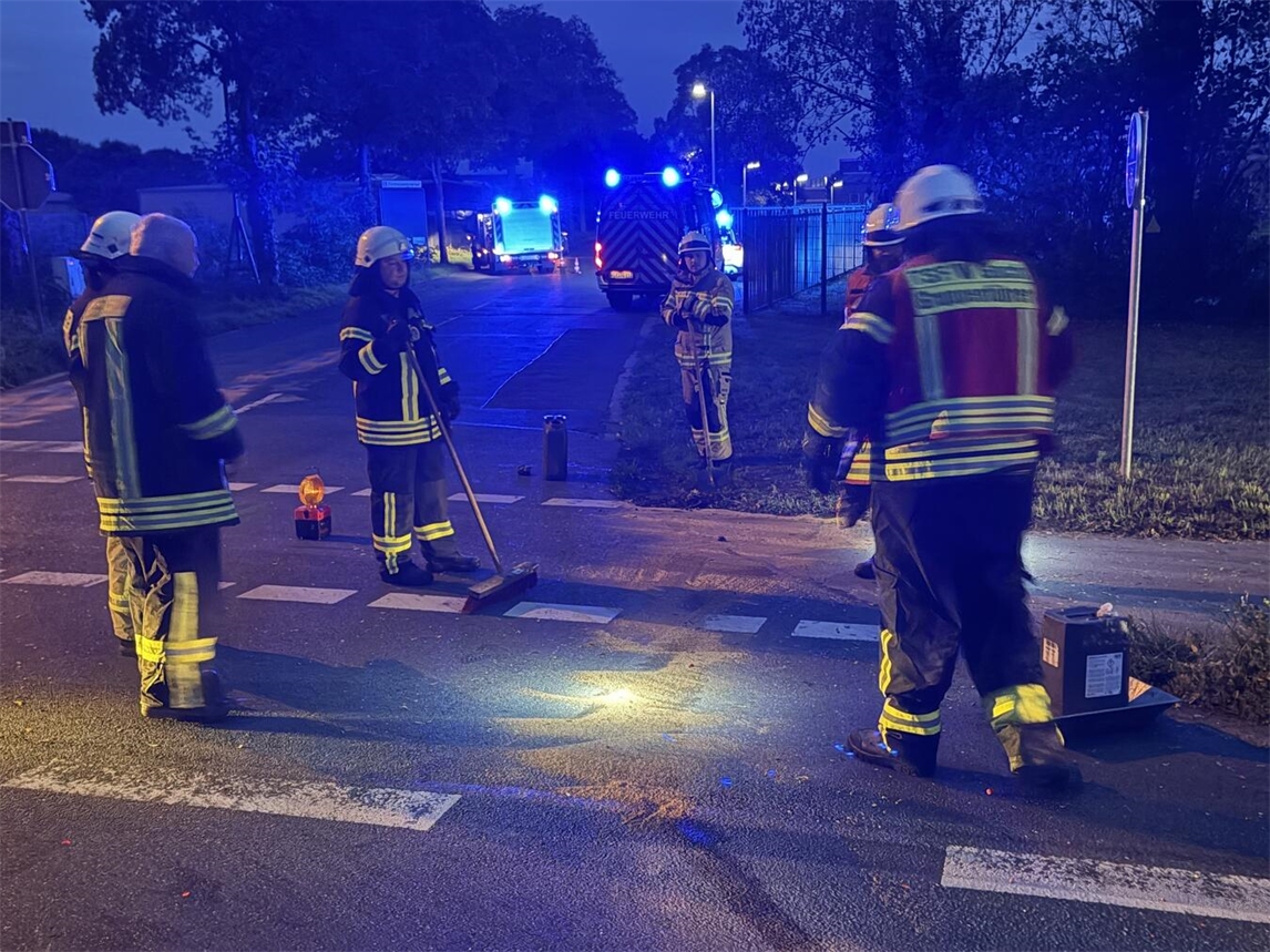 "Feuerwehreinsatz bei Nacht auf der Klever Straße, Einsatzfahrzeuge mit Blaulicht, Foto von Torsten Matenaers"