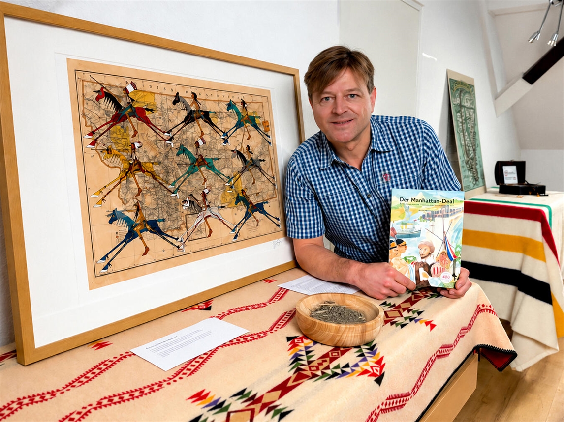 Frank Mehring mit dem Kinderbuch „Der Manhattan Deal“ mit einem Bild dem Bild „Here Come the Blackfeet“ (2025) des Blackfeet Künstlers John Pepion und einer Schale mit Erde, die Frank Mehring während eines Besuchs des Blackfeet Community College in Montana mitgebracht hat. Foto: Arenacum