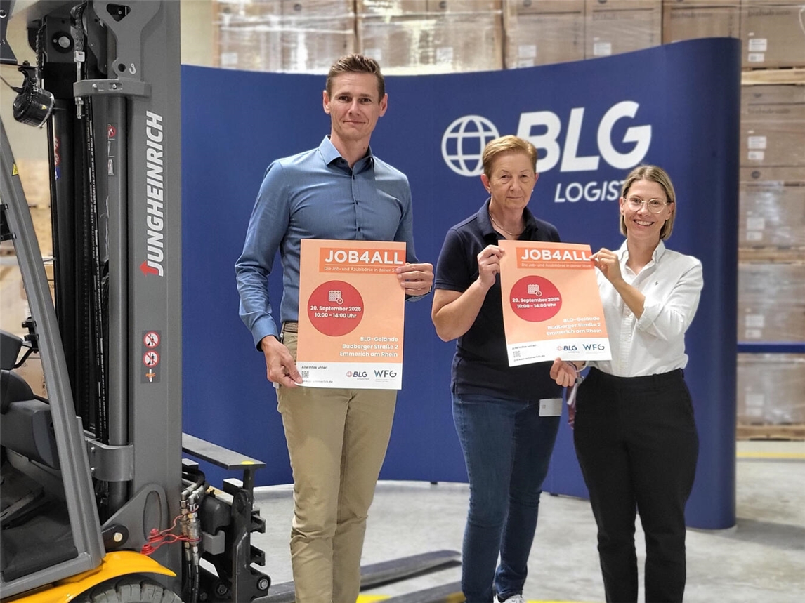 Freuen sich auf die nächste „Job4All“ in Emmerich: (v. l.) Sebastian Biskup (BLG Manager Operations), Conny Schmidt (BLG Warehouse Managerin) und Sara Kreipe (Geschäftsführung WfG). NN-Foto: MB