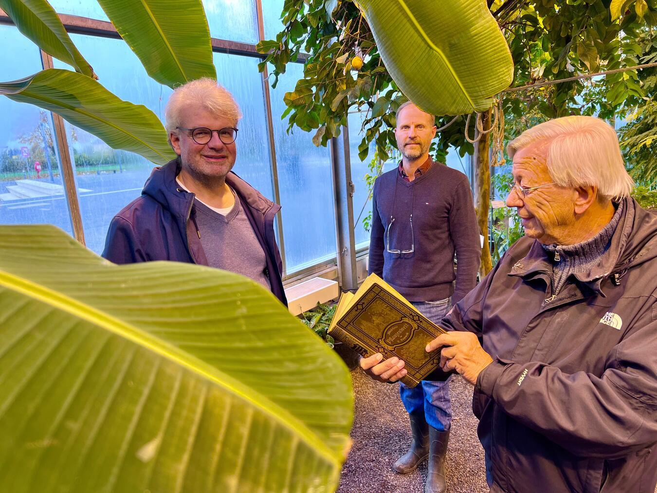 Freuen sich auf die Veranstaltung (v.l.): Thomas Brokamp, Prof. Jens Gebauer und Klaus Cordes im Tropenhaus auf dem Campus Kleve. Foto: HSRW / Stephan Hanf
