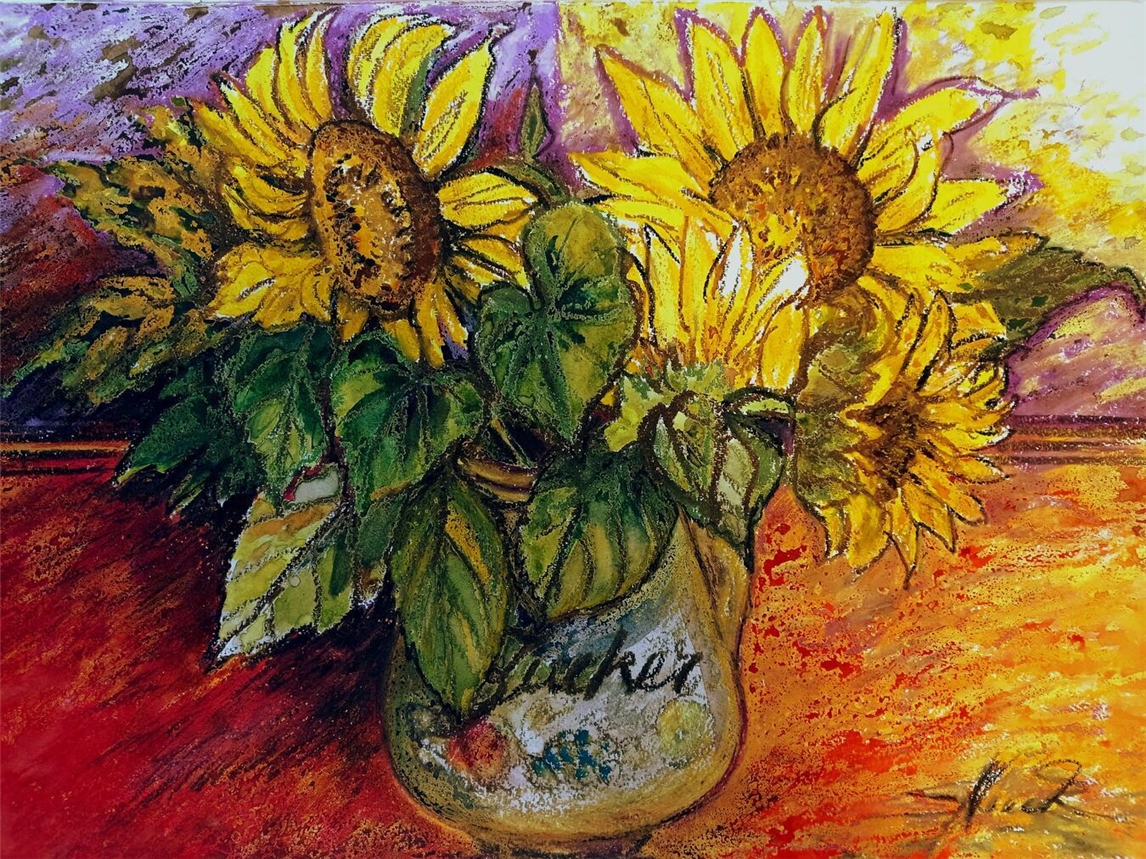 "Aquarell Sonnenblumenstilleben mit Zuckertopf von Sabina Koack, Kunstwerk in leuchtenden Gelbtönen"