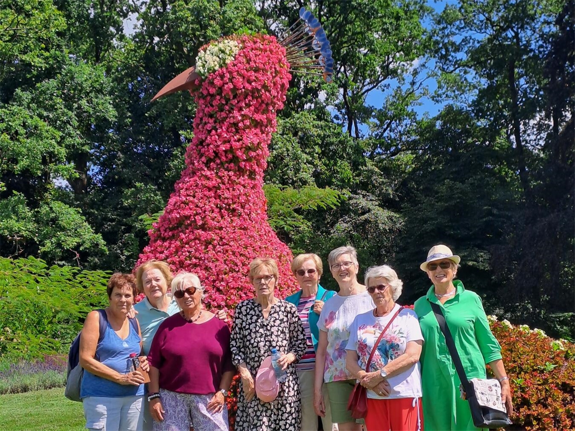"Gruppenfoto vor farbenprächtigem Blumenpfau im Park"