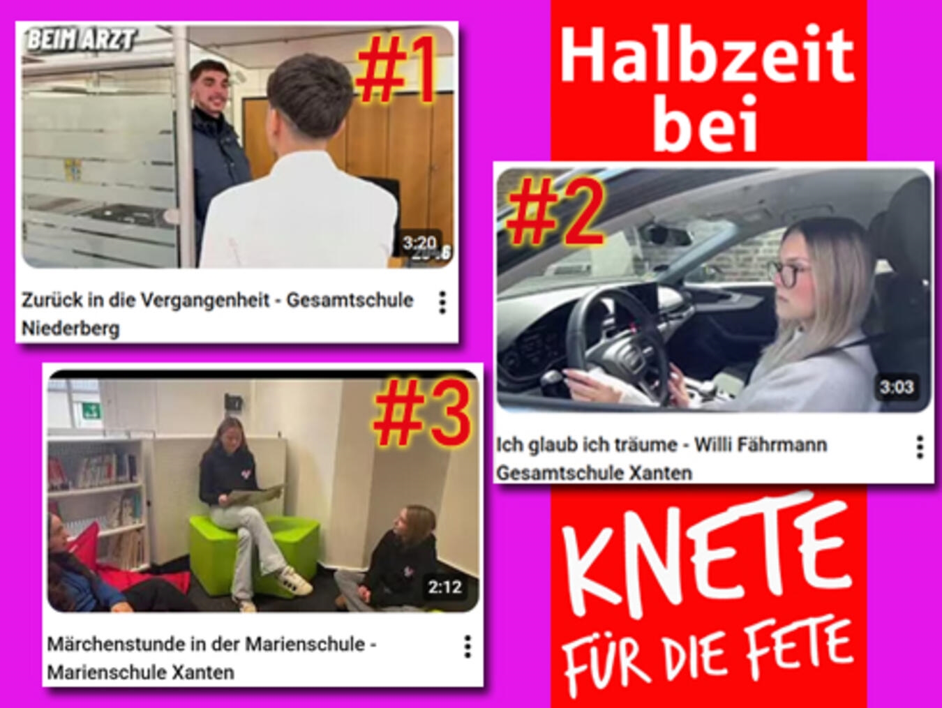 Halbzeit bei „Knete für die Fete“. Die Fotocollage zeigt Ausschnitte aus den Videos und die vorläufige Platzierung nach dem Voting. Nun erwarten die Schüler mit Spannung die Entscheidung der Jury. Foto: Sparkasse am Niederrhein