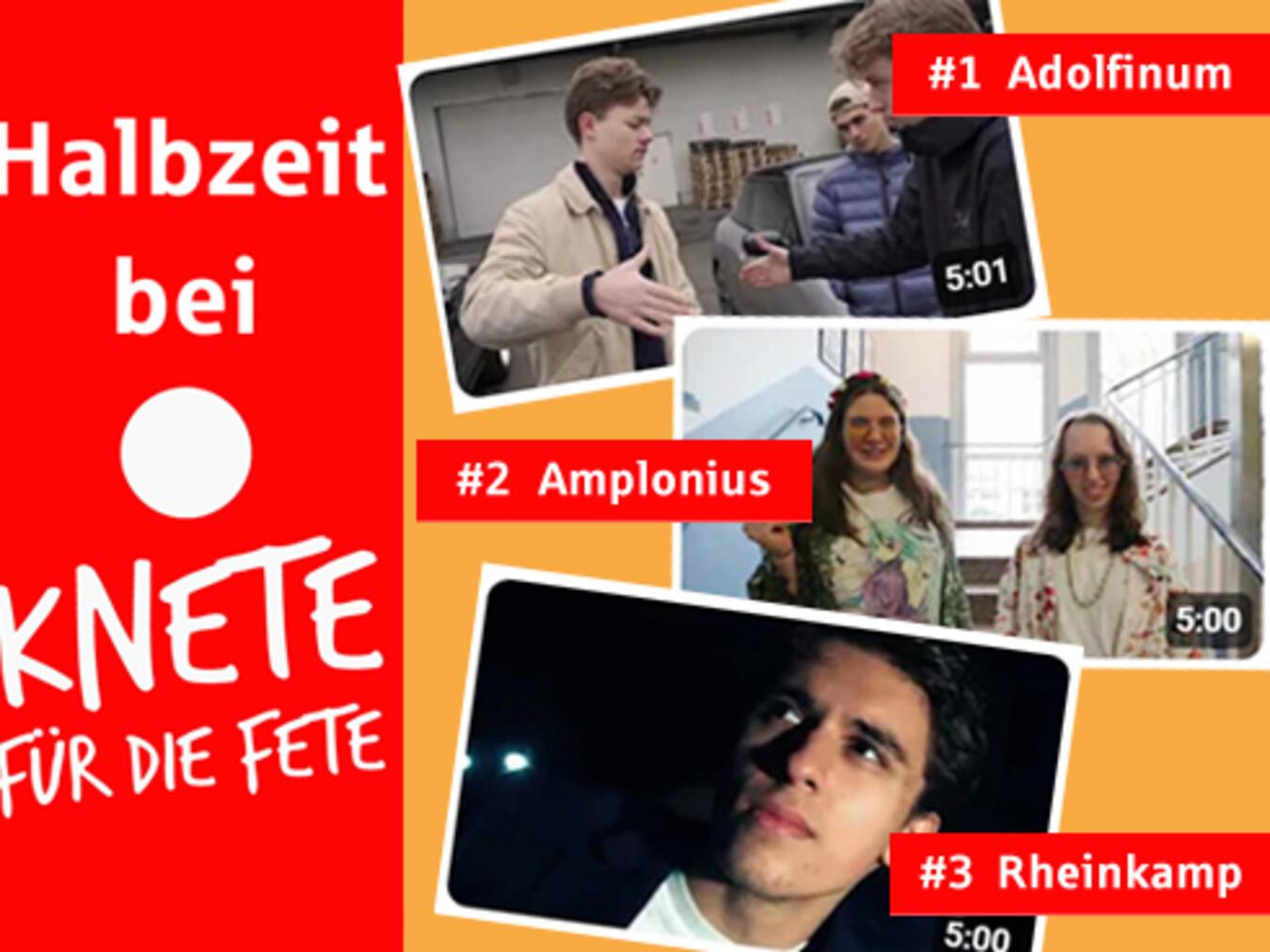 Halbzeit bei „Knete für die Fete“. Die Fotocollage zeigt Ausschnitte aus den Videos und die vorläufige Platzierung nach dem Voting. Nun erwarten die Schüler mit Spannung das Ergebnis der Jury. Voting-Rangliste und Jury-Rangliste ergeben zusammengenommen die endgültige Platzierung. Foto: Sparkasse am Niederrhein