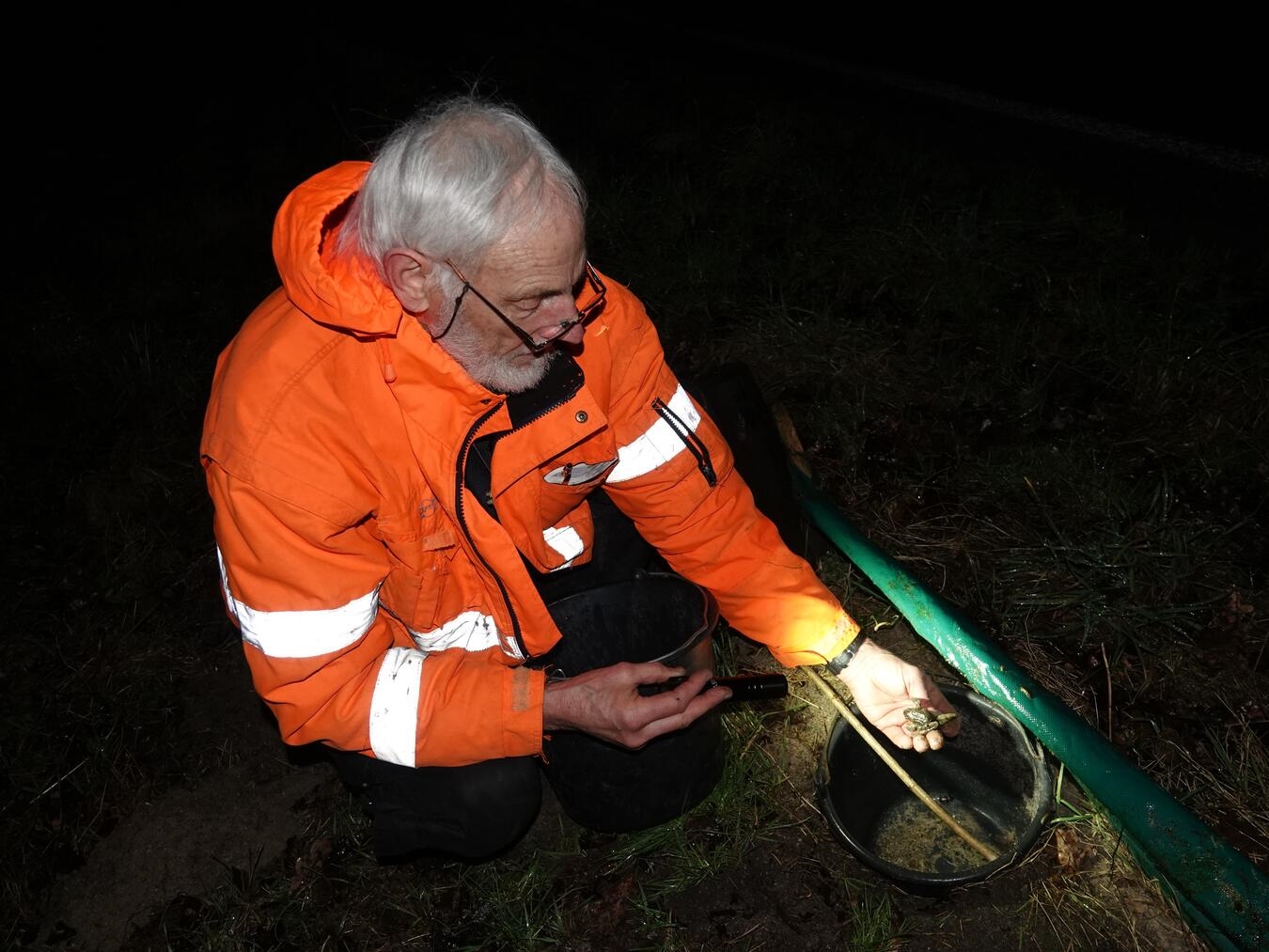 Hermann-Josef Windeln bei der Amphibienrettung.Foto: NABU- Ortsgruppe Issum-Geldern