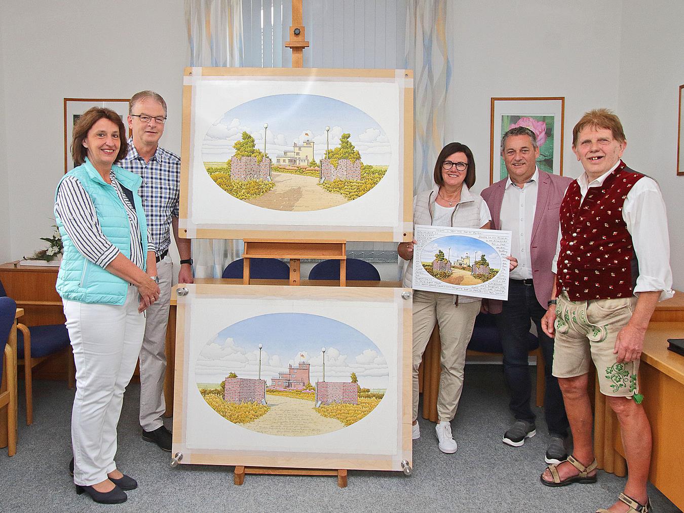 Hubert Scheeren, Ehrenpräsident des JGSV, hat erneut ein Pfingstplakat zum Schützenfest gestaltetet. Dieses Mal wählte er als Motiv die Alpener Jugendburg ab dem Jahr 1940. NN-Foto: Theo Leie