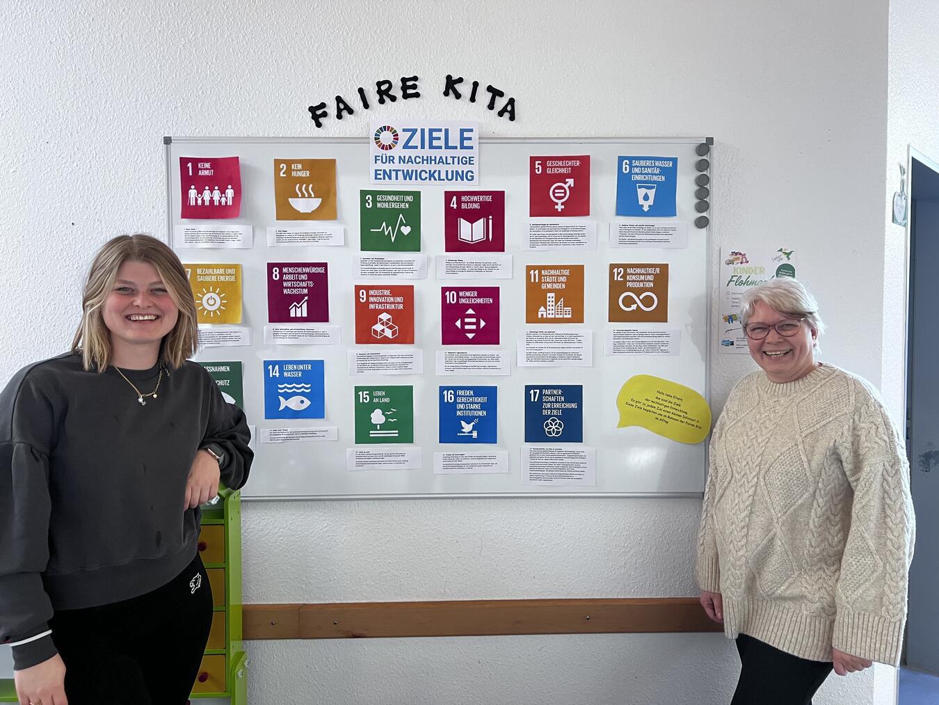 Ihnen ist wichtig, dass ihre Kita durch gelebte Werte zu einer „fairen“ Kindertagesstätte wird: Fabia Zapf (l.) und Leiterin Anja Schwack vom Team der Kita Drachenhöhle.Foto: Kita