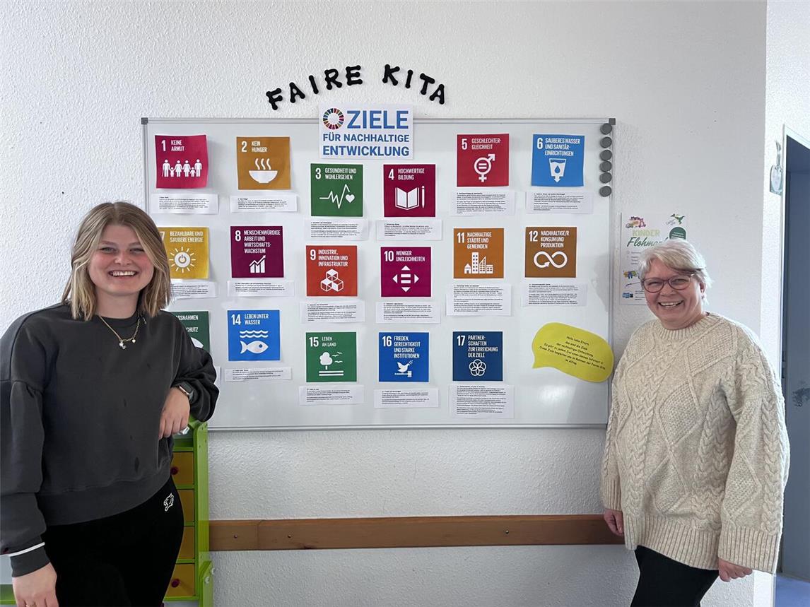 Ihnen ist wichtig, dass ihre Kita durch gelebte Werte zu einer „fairen“ Kindertagesstätte wird: Fabia Zapf (l.) und Leiterin Anja Schwack vom Team der Kita Drachenhöhle.Foto: Kita