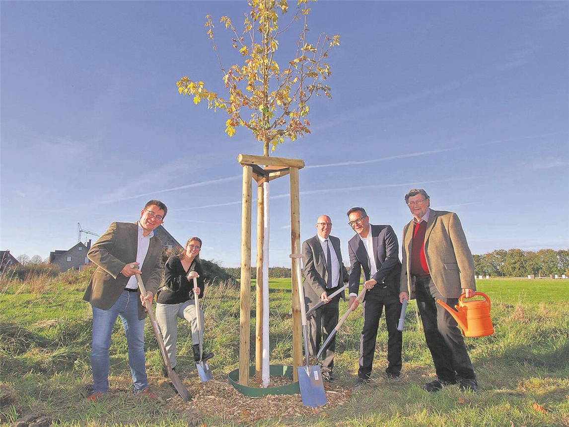 Im Rahmen der Jahrestagung des Kreisverbands Kleve für Heimatpflege am vergangenen Samstag haben (v. l.) dessen Vorsitzender Helmut Lemken, Lüllingens Ortsbürgermeisterin Julia Janßen, Landrat Christoph Gerwers, Bürgermeister Geldern Sven Kaiser und der stellvertretende Vorsitzende Josef Jörissen einen Feldahorn am Kerstenweg in Lüllingen gepflanzt. Die Ausleseform „Huibers Elegant“ wird maximal sechs bis zehn Meter hoch, wobei die Krone dann einen Durchmesser von drei bis fünf Metern hat. Dabei kommt der Feldahorn mit Trockenheit und widrigen Umweltbedingungen gut zurecht. Für die Anwesenden ging es anschließend in der alten Schule mit dem Herbstfest weiter. NN-Foto: Theo Leie