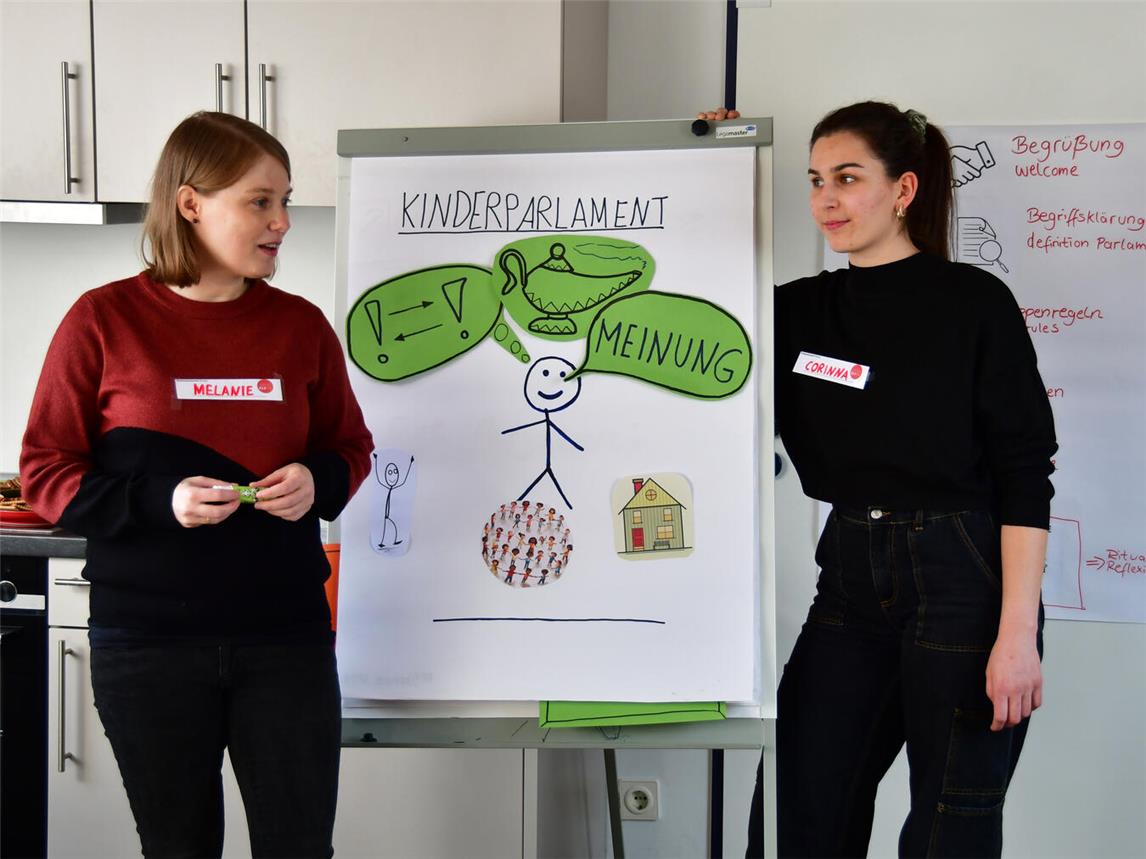 In der ersten konstituierenden Sitzung erklären Melanie Roeloffs Monteiro (l.) und Corinna Cloosters den Abgeordneten die Grundsätze und Rahmenbedingungen des Kinderparlamentes. Foto: CV Kleve