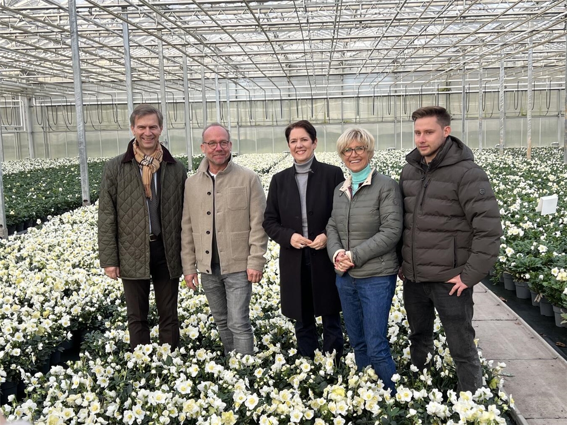 In einem Blütenmeer aus Christrosen: Ministerin Silke Gorißen (Mitte), Präsidentin Eva Kähler-Theuerkauf (2.v.r.) und Landtagsabgeordneter Stephan Wolters (l.) zu Besuch im Betrieb von Thomas und Lukas Viehweg. Foto: Landesverband Gartenbau NRW
