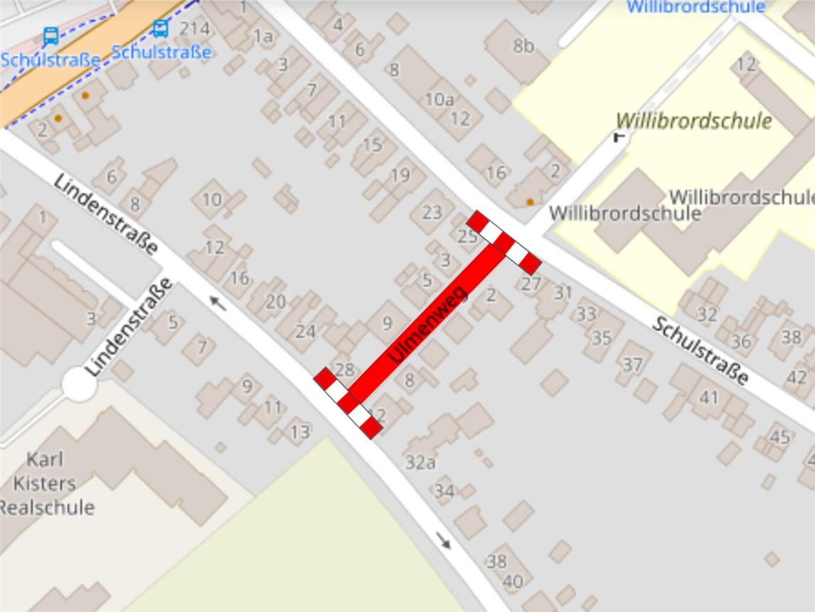 Insgesamt dauern die Arbeiten auf dem Ulmenweg voraussichtlich bis zum 30. Juli 2025 an. Grafik: Stadt Kleve/openstreetmap