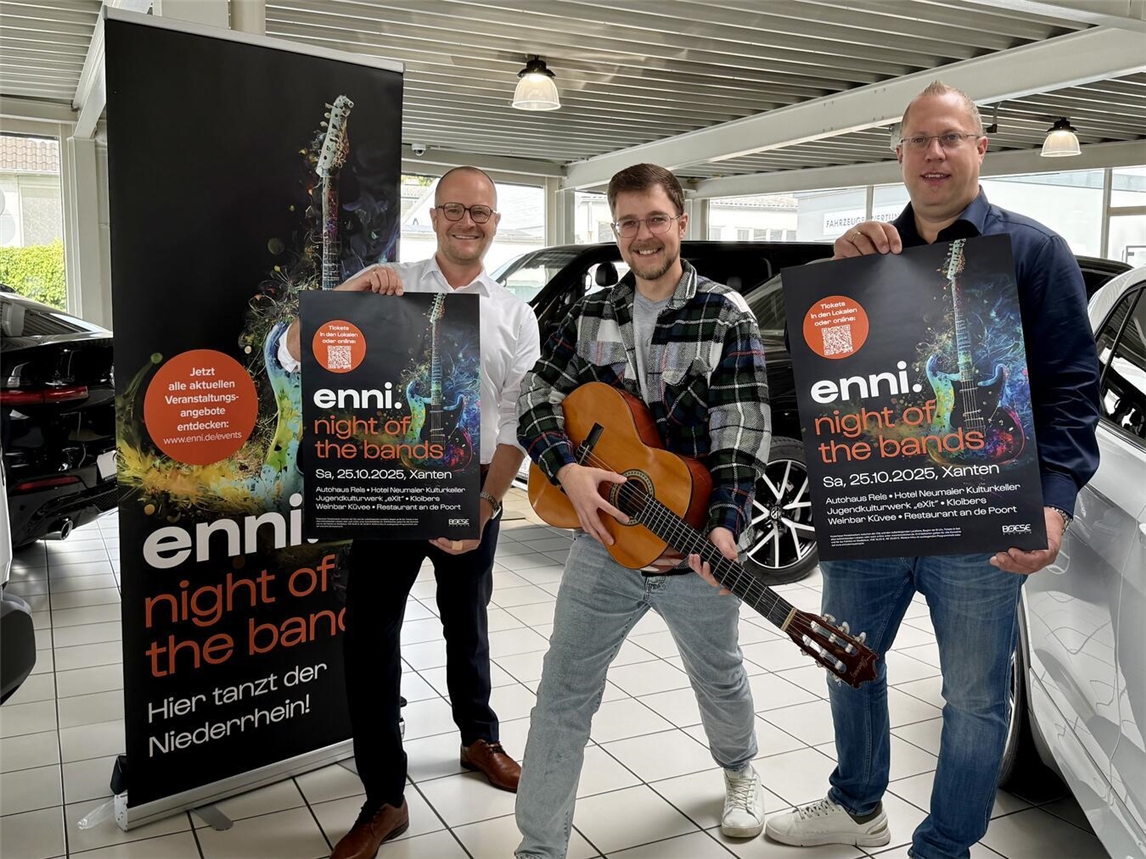 Jonathan Nierhaus (Enni), Dennis Büttgen (Bose Events) und Daniel Reis (Autohaus Reis) freuen sich auf die Rückkehr der „Enni Night of the Bands“ in Xanten. NN-Foto: SP