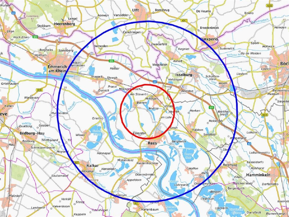 Geflügelpest in Rees offiziell bestätigt Kartenausschnitt mit den beiden markierten Sperrzonen. Grafik: Kreis Kleve