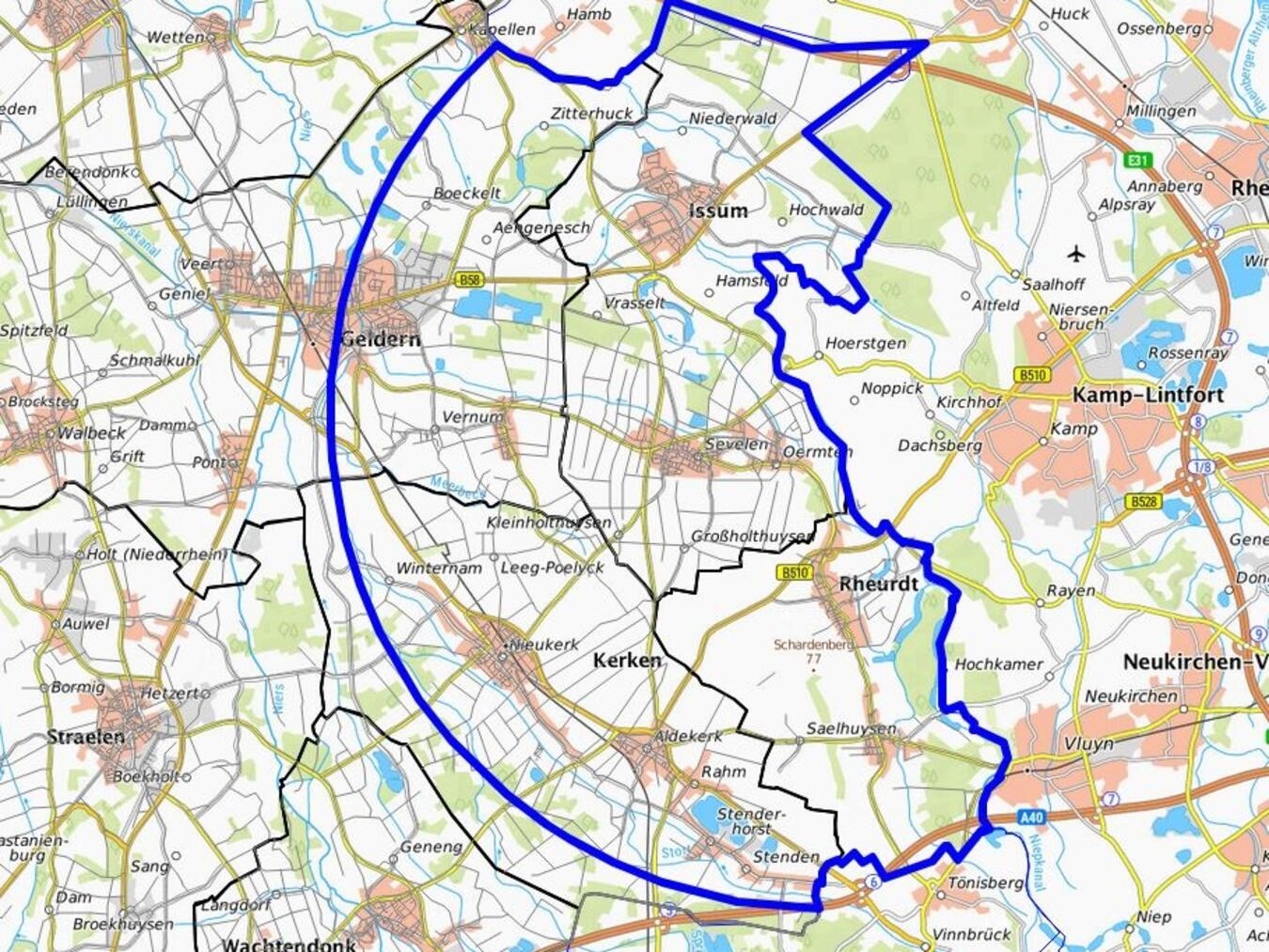 Kartenausschnitt mit der markierten vorläufigen Sperrzone im südlichen Kreis Kleve: Blau – Überwachungszone – zehn Kilometer Radius. Foto/Karte: Kreis Kleve