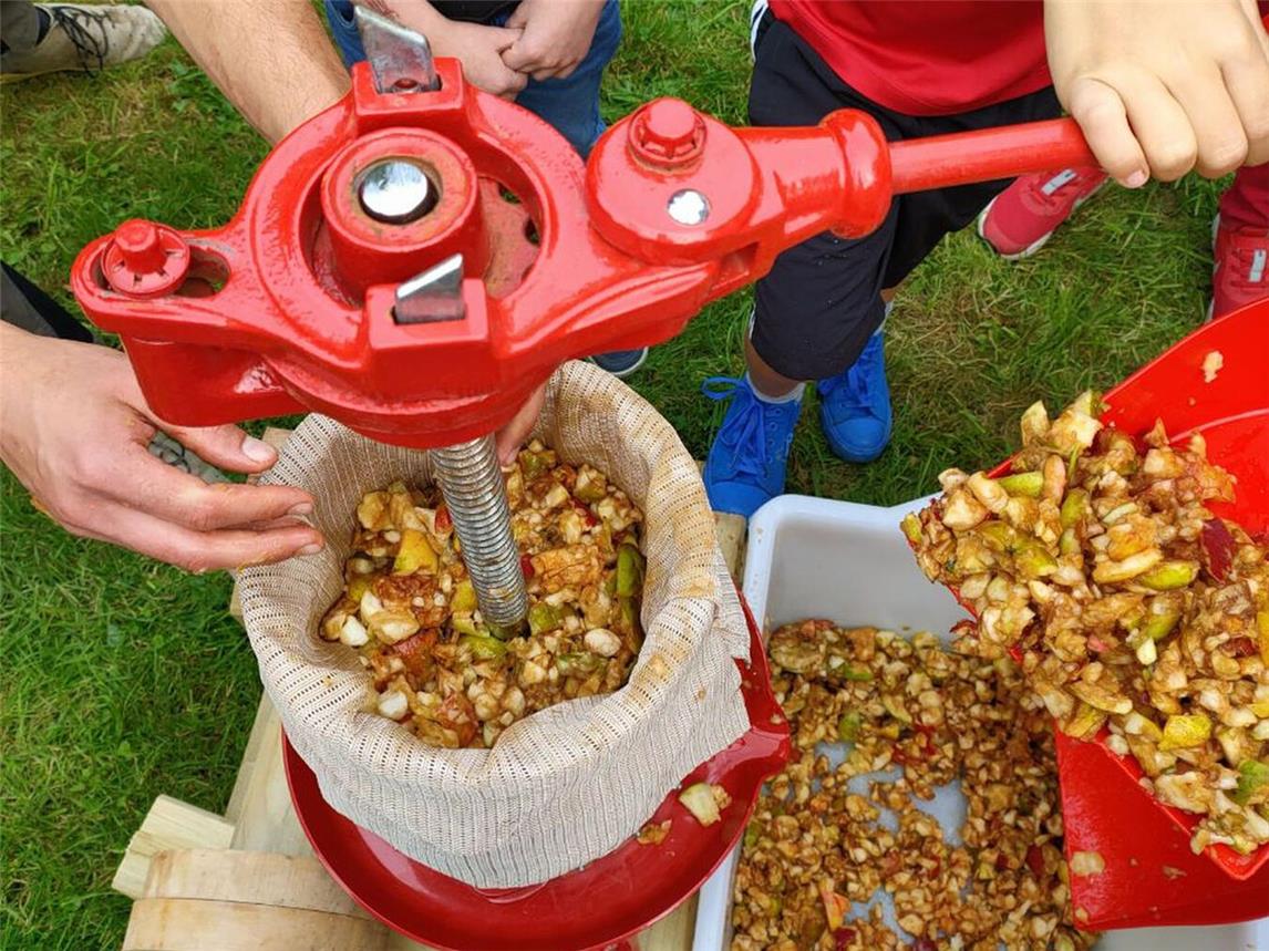Kinder pressen ihren eigenen Apfelsaft mit einer Saftpresse beim Apfeltag im Naturparkzentrum Wachtendonk.Foto: Naturpark Schwalm-Nette