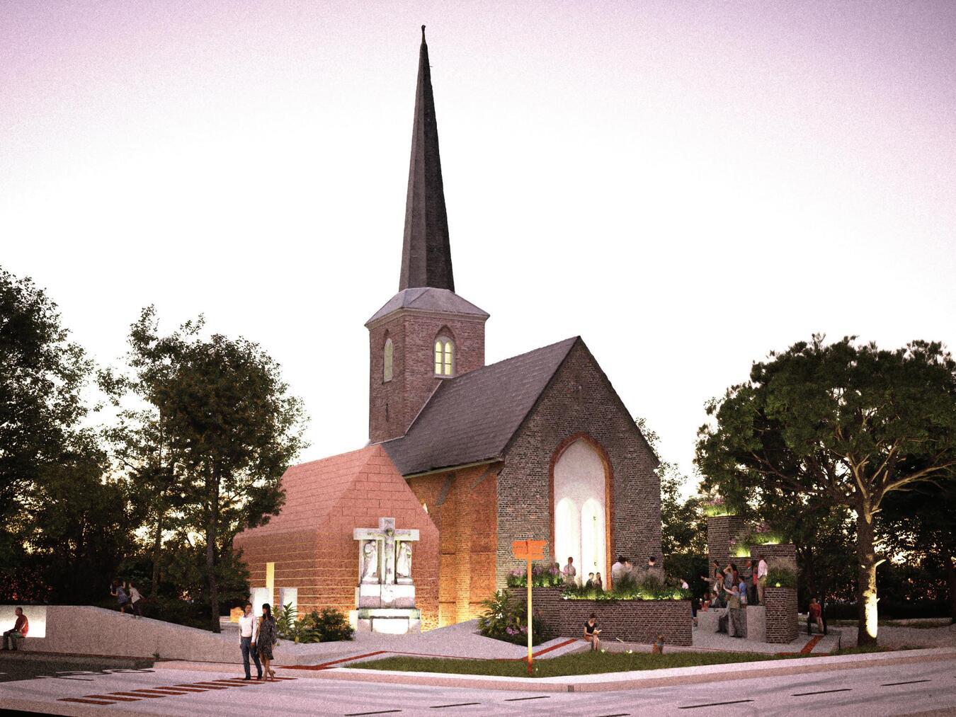Konzept der sanierten Quirinus-Kirche auf dem Twistedener Friedhof mit Nebengebäude für Heizung, Toiletten und Serviceflächen. Fotos: Alde Twester Kerk