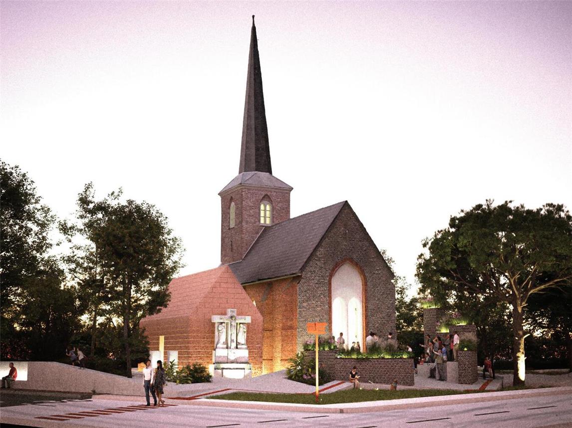 Konzept der sanierten Quirinus-Kirche auf dem Twistedener Friedhof mit Nebengebäude für Heizung, Toiletten und Serviceflächen. Fotos: Alde Twester Kerk