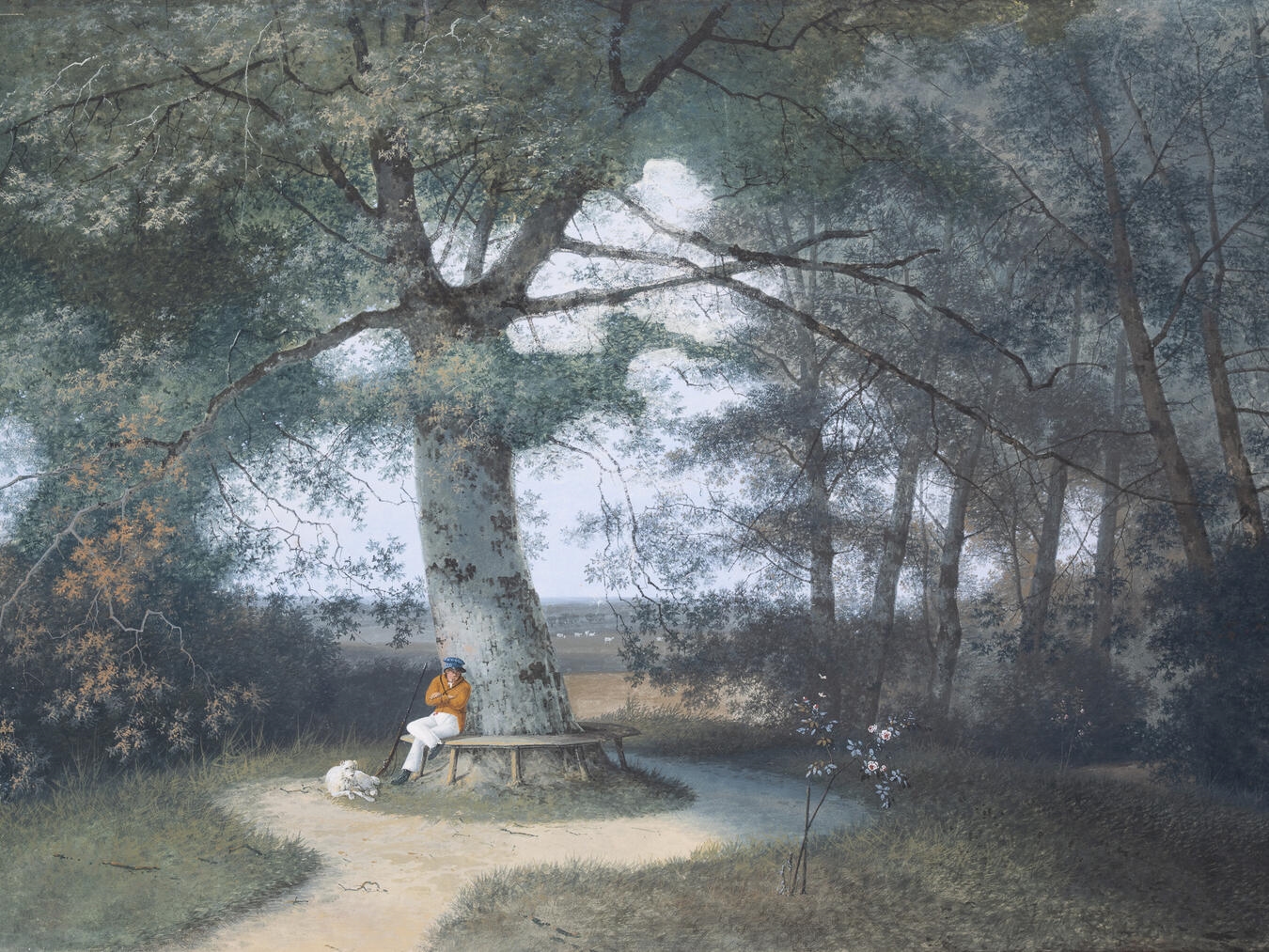 Mattheus Derk Knip (Tilburg 1785-1845 Vught), Parklandschaft mit einem rastenden Jäger unter Bäumen, Gouache. Foto: B.C. Koekkoek-Haus/Klaus Oberschilp