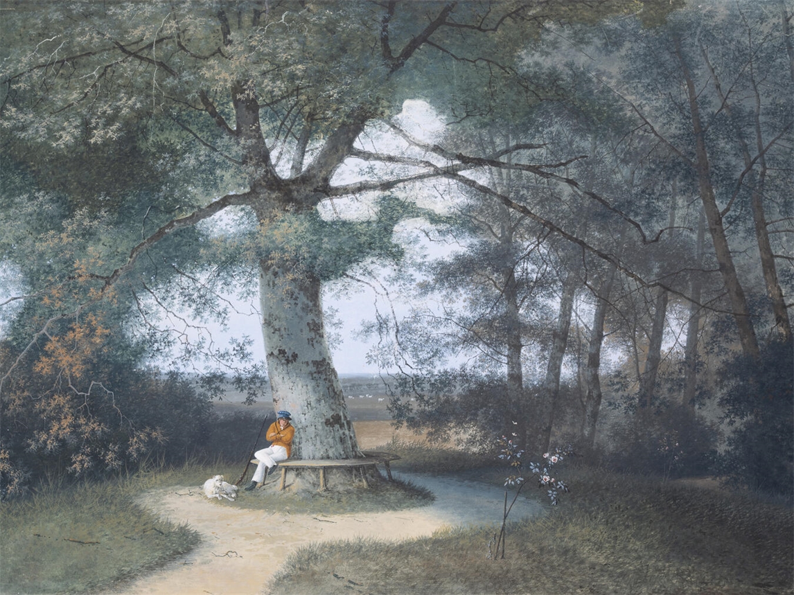 Mattheus Derk Knip (Tilburg 1785-1845 Vught), Parklandschaft mit einem rastenden Jäger unter Bäumen, Gouache. Foto: B.C. Koekkoek-Haus/Klaus Oberschilp