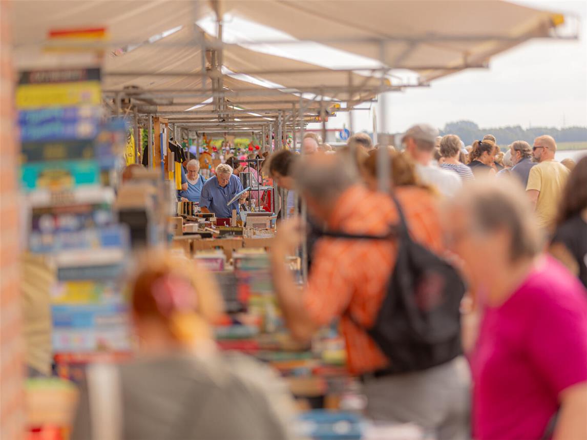 Mehr als 30 Buchhändler und Antiquare kommen zum Büchermarkt auf der Reeser Rheinpromenade am 17. August. Foto: Stadt Rees/Axel Breuer Plan B Fotografie