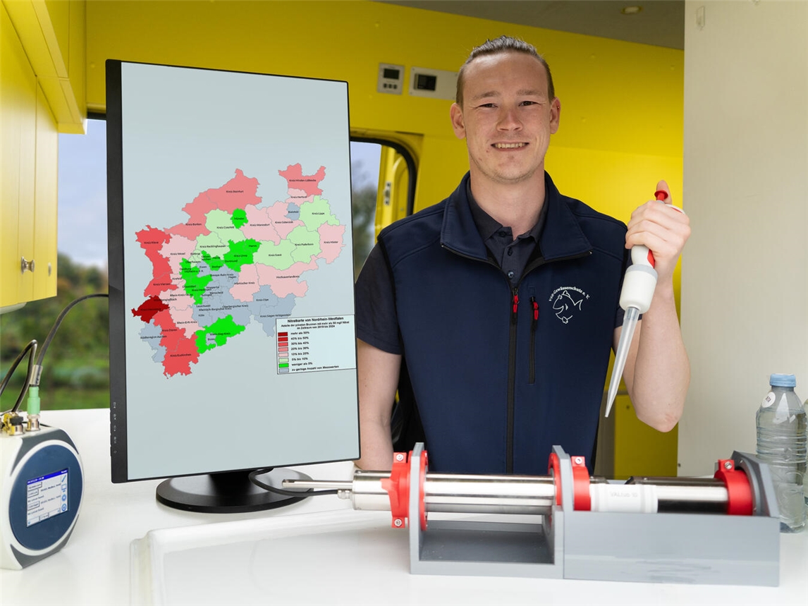 Milan Toups analysiert Brunnenwasserprobe im Labormobil, Nitratkarte NRW, VSR-Gewässerschutz, Foto: Ruben Wiltsch.