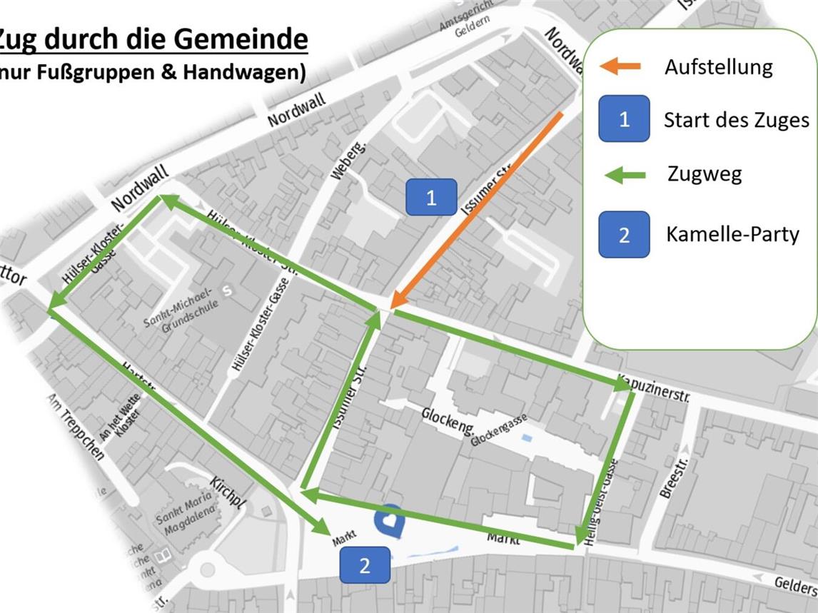 Mit Fußgruppen und Handwagen geht es am 2. März durch die Gelderner Innenstadt.