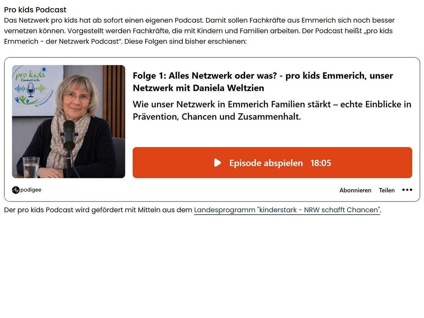"Screenshot der Stadt Emmerich Homepage mit pro kids Podcast verfügbar"