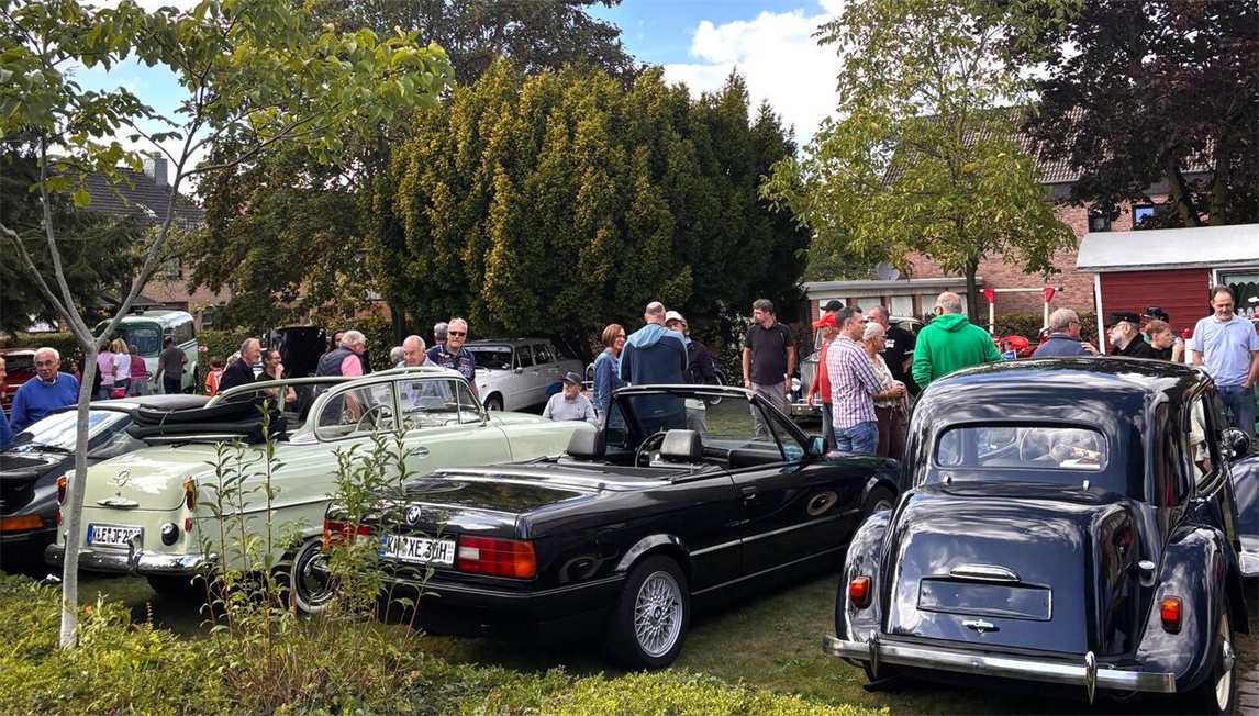"Oldtimertreffen bei Familie Thämmig, klassische Autos auf grüner Wiese, Sommerveranstaltung"