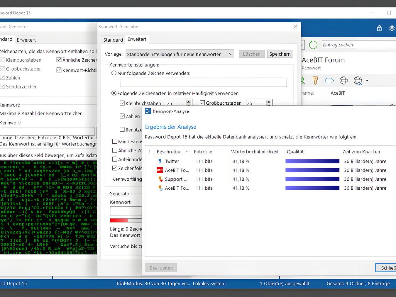 Passwort-Manager, hier „Password-Depot“, können auch sichere Passwörter generieren. Zeit zum Knacken in diesem Beispiel: 36 Billiarden Jahre. Foto: privat