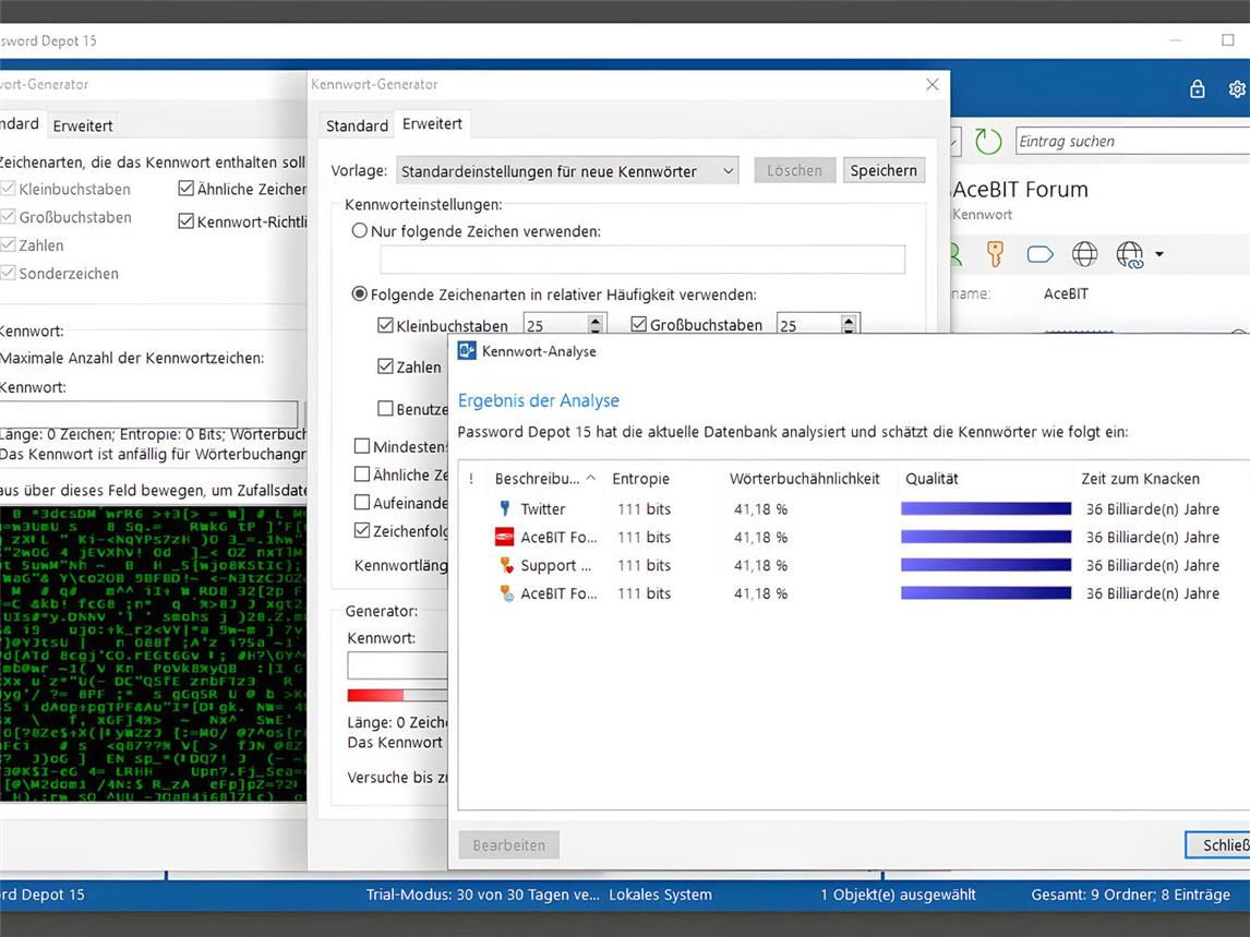 Passwort-Manager, hier „Password-Depot“, können auch sichere Passwörter generieren. Zeit zum Knacken in diesem Beispiel: 36 Billiarden Jahre. Foto: privat