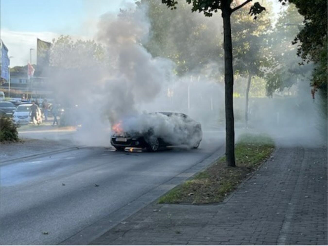 "Auto in Flammen auf Straße, Pkw-Brand, Feuerwehreinsatz"