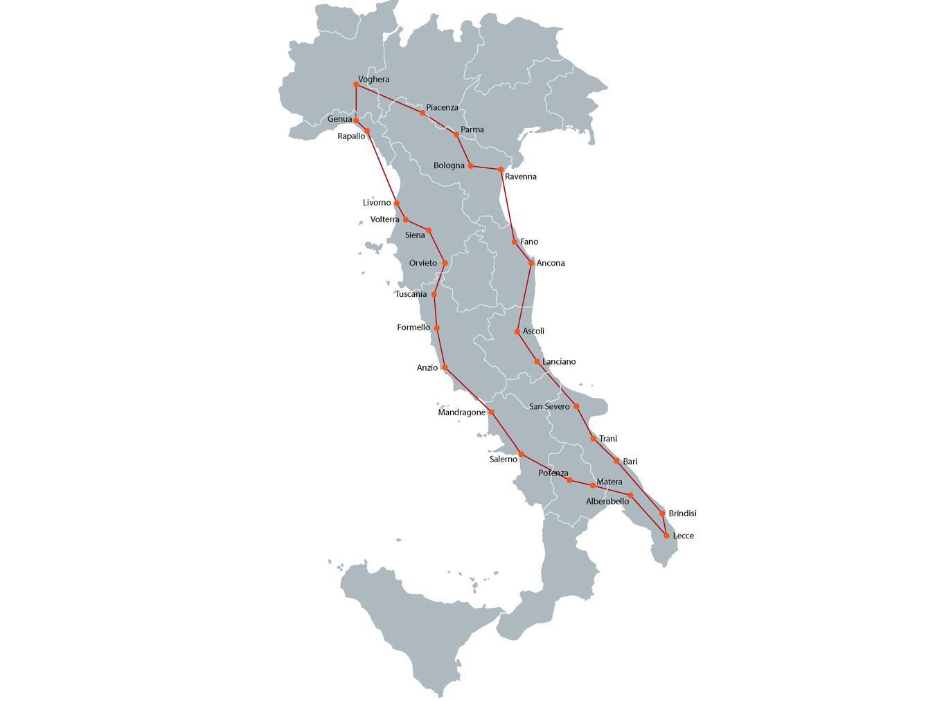 So sieht die 4.000 Kilometer lange Tour von Thomas Hommen durch Italien aus. Start und Ziel ist Bologna. Grafik: Markus Bethke