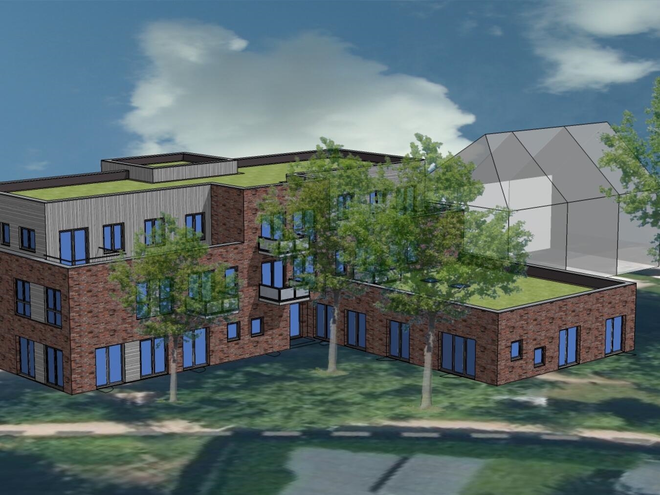 So soll die Kita St.-Raphael mitsamt der Wohnungen nach der Fertigstellung aussehen.Grafiken: Gelderner Baugesellschaft mbH