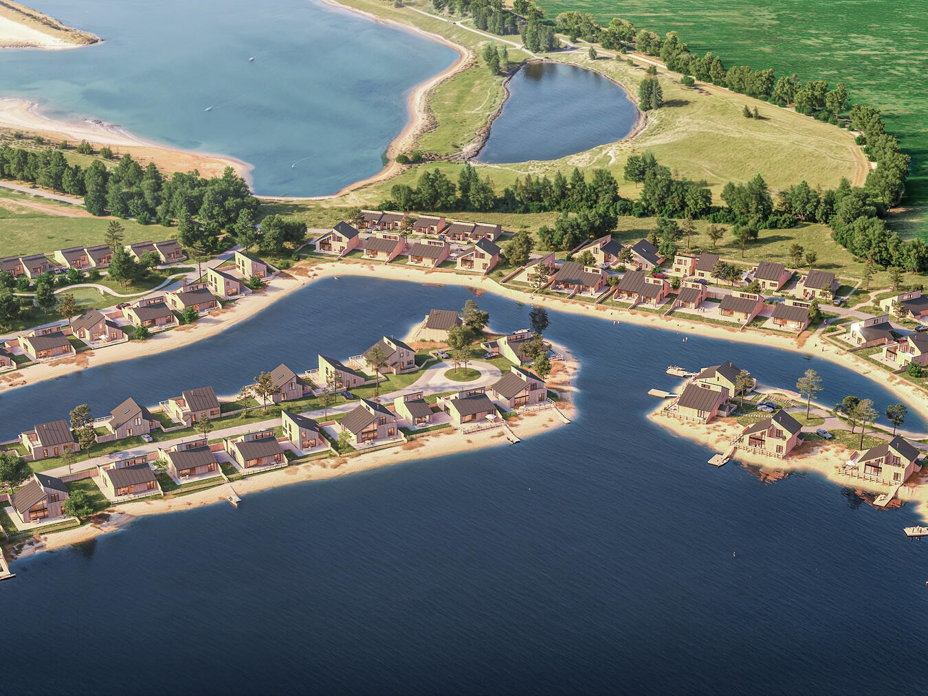 "Visualisierung des Marissa Lake Village am Reeser Meer, moderne Architektur und Natur vereint"