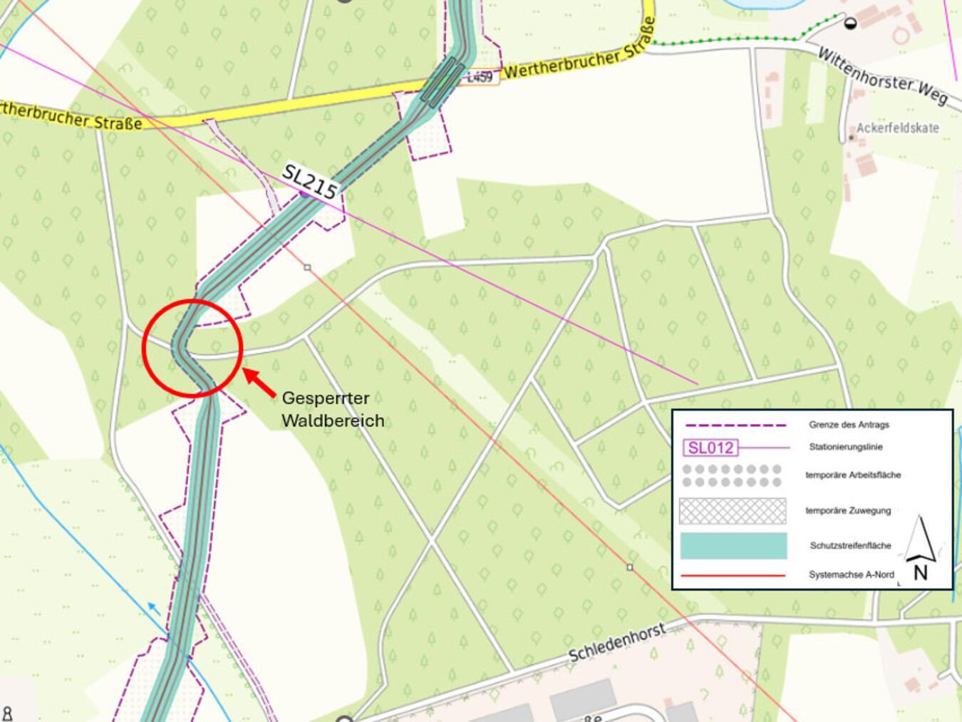 Südlich der Wertherbrucher Straße kommt es bei Rees-Haldern zu Sperrungen. Grafik: Amprion