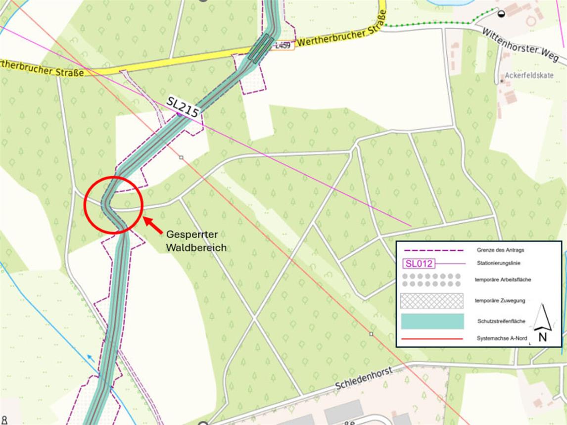 Südlich der Wertherbrucher Straße kommt es bei Rees-Haldern zu Sperrungen. Grafik: Amprion